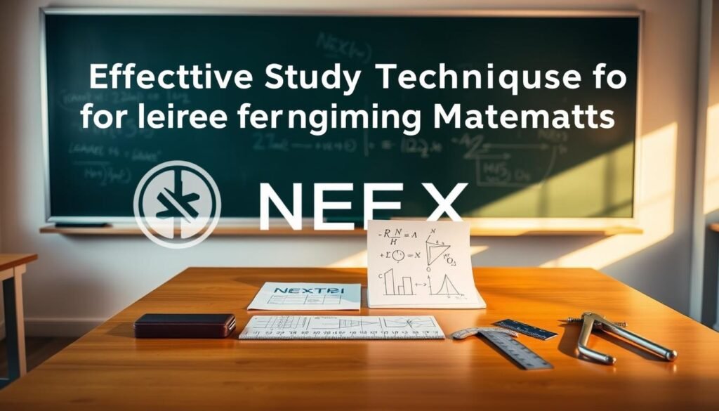 A well-lit classroom with a chalkboard in the background, a large desk in the foreground, and various visual aids arranged neatly on the desk. The visual aids include a NEXTSTEP text logo, a set of mathematical formulas and diagrams, a ruler, a protractor, and a pair of compasses. The lighting is warm and the scene has a sense of focus and organization, reflecting the "Effective Study Techniques for Engineering Mathematics" theme.