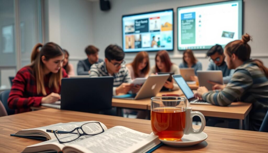 A well-lit classroom with a group of students intently studying on their laptops and tablets. The foreground features a desk with an open textbook, a cup of tea, and a pair of reading glasses. In the middle ground, students are engaged in focused discussions, sharing notes and collaborating on their digital devices. The background showcases a wall-mounted smart board displaying interactive lesson materials. Soft, warm lighting creates a cozy, productive atmosphere, with a sense of technology-enabled learning.
