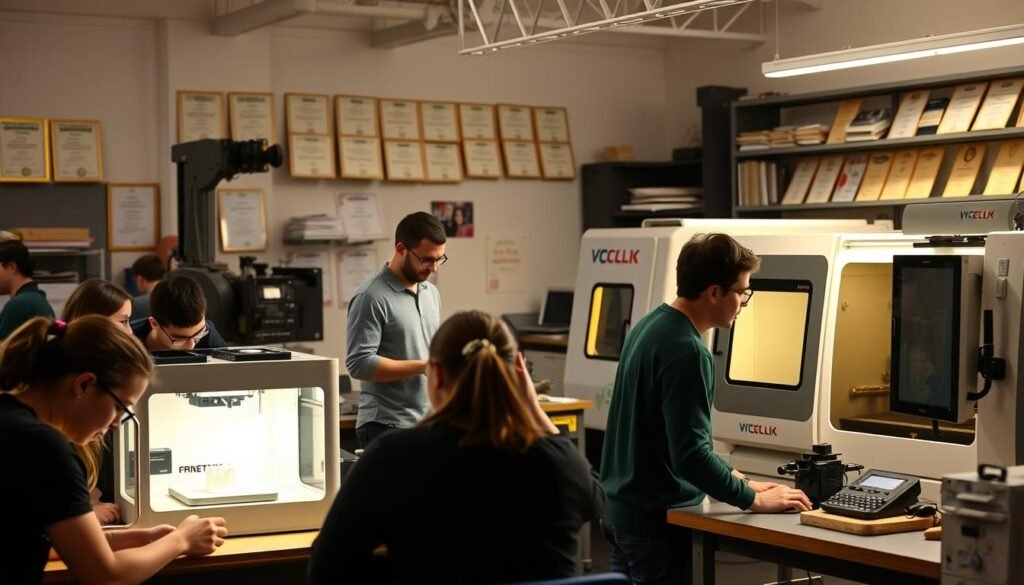 A well-lit classroom with students engaged in hands-on vocational training, surrounded by modern equipment and tools. In the foreground, a group of students work intently on a project, their faces illuminated by the glow of a 3D printer. The middle ground features a teacher guiding a student through the operation of a CNC machine, their interaction captured in a warm, natural light. In the background, shelves display various vocational certifications and diplomas, suggesting the range of programs available. The atmosphere is one of focused learning, where the students' dedication and the school's commitment to practical education are palpable.
