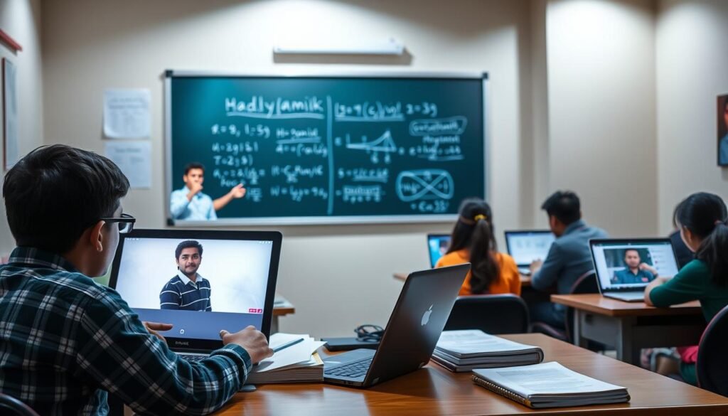 A well-lit classroom with students engaged in online Madhyamik lessons. In the foreground, a student intently watching a lecture on a laptop, surrounded by textbooks and notes. The middle ground features a virtual chalkboard displaying math equations and diagrams, with a teacher's avatar gesturing to the content. In the background, other students are collaborating on group projects, their faces illuminated by the glow of their screens. The scene conveys a sense of focus, productivity, and the embracing of modern technology for effective Madhyamik preparation.