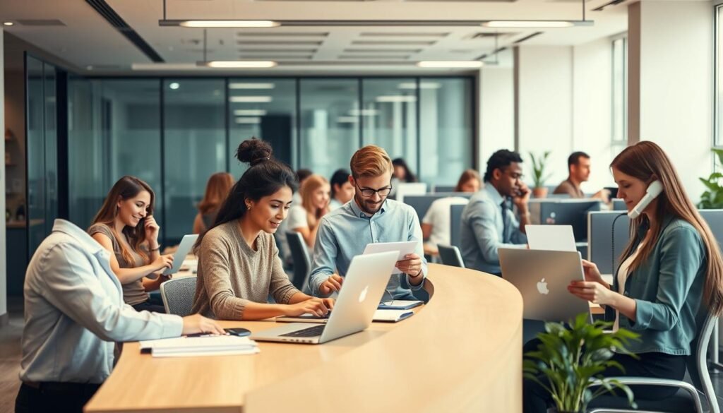 A well-lit, contemporary office setting with a diverse group of young adults, each engaged in entry-level professional tasks - typing on laptops, reviewing documents, making phone calls. The foreground features a welcoming reception desk, while the middle ground showcases cubicles and workstations. The background incorporates modern architectural elements like glass walls and minimalist decor, creating an atmosphere of productivity and opportunity. Soft, diffused lighting from overhead fixtures casts a warm, aspirational glow, hinting at the potential for growth and advancement within these entry-level roles.