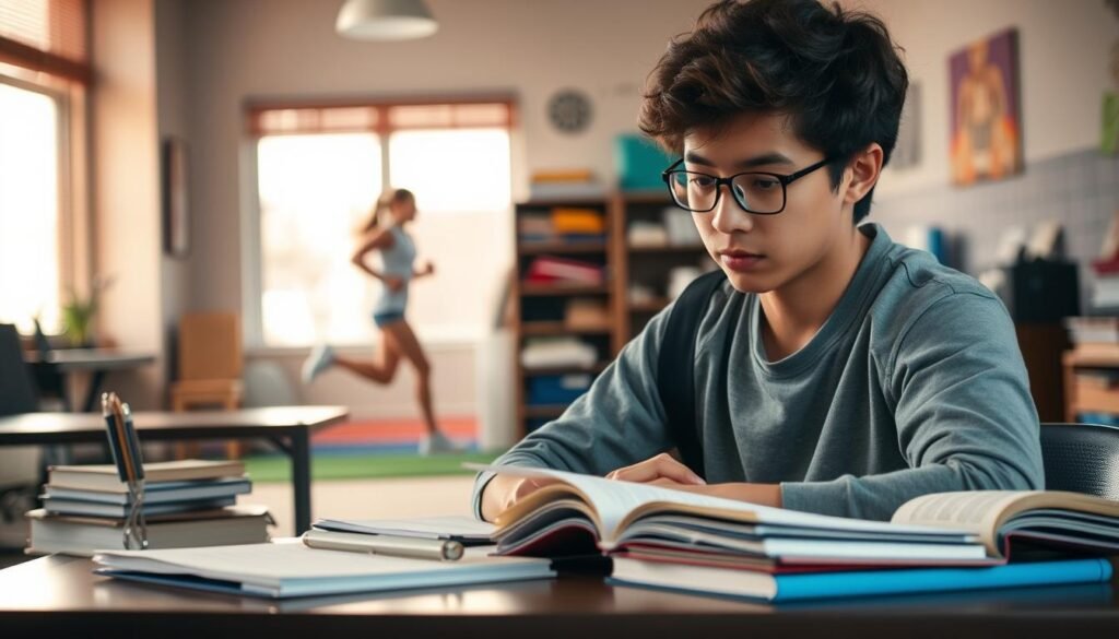 A well-lit, detailed scene depicting a high school student balancing academic and extracurricular activities. In the foreground, the student is sitting at a desk, diligently studying books and papers, with a focused expression. In the middle ground, the student is shown participating in a sports activity, such as running on a track or playing a team game. In the background, there are various other extracurricular elements, such as musical instruments, art supplies, or club meeting spaces. The lighting is soft and natural, creating a sense of balance and harmony between the different aspects of the student's life. The overall mood is one of productive multitasking and a healthy work-life balance.