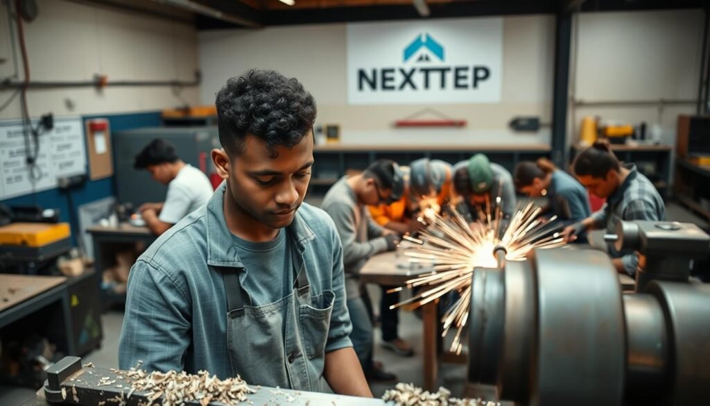 A well-lit, high-angle shot of a vocational training workshop, showcasing diverse students engaged in hands-on activities. In the foreground, a young man concentrates as he operates a lathe, metal shavings scattered around him. In the middle ground, a group of students in protective gear practice welding techniques under the guidance of an instructor. The background features the NEXTSTEP logo prominently displayed on the wall, indicating the training program. The overall scene conveys a sense of productivity, skill development, and the dynamic nature of vocational education. A well-lit, high-angle shot of a vocational training workshop, showcasing diverse students engaged in hands-on activities. In the foreground, a young man concentrates as he operates a lathe, metal shavings scattered around him. In the middle ground, a group of students in protective gear practice welding techniques under the guidance of an instructor. The background features the NEXTSTEP logo prominently displayed on the wall, indicating the training program. The overall scene conveys a sense of productivity, skill development, and the dynamic nature of vocational education.