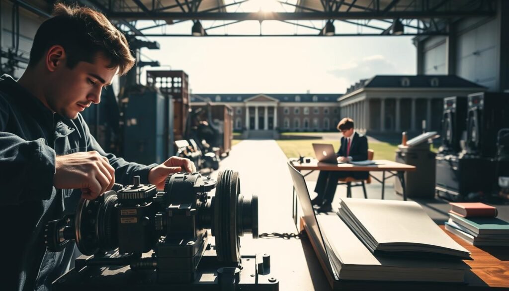 A well-lit, high-contrast scene depicting the key differences between vocational education and a traditional academic degree program. In the foreground, a vocational student works on an intricate mechanical device, their hands and tools visible. In the middle ground, a university student sits at a desk, surrounded by books and a laptop. The background shows the contrasting environments - the vocational workshop with its industrial equipment, and the university campus with its stately buildings. The lighting is dramatic, casting shadows that highlight the distinct nature of these two educational paths. The overall mood conveys the practical, hands-on nature of vocational training versus the more theoretical, research-oriented approach of a university degree. A well-lit, high-contrast scene depicting the key differences between vocational education and a traditional academic degree program. In the foreground, a vocational student works on an intricate mechanical device, their hands and tools visible. In the middle ground, a university student sits at a desk, surrounded by books and a laptop. The background shows the contrasting environments - the vocational workshop with its industrial equipment, and the university campus with its stately buildings. The lighting is dramatic, casting shadows that highlight the distinct nature of these two educational paths. The overall mood conveys the practical, hands-on nature of vocational training versus the more theoretical, research-oriented approach of a university degree.