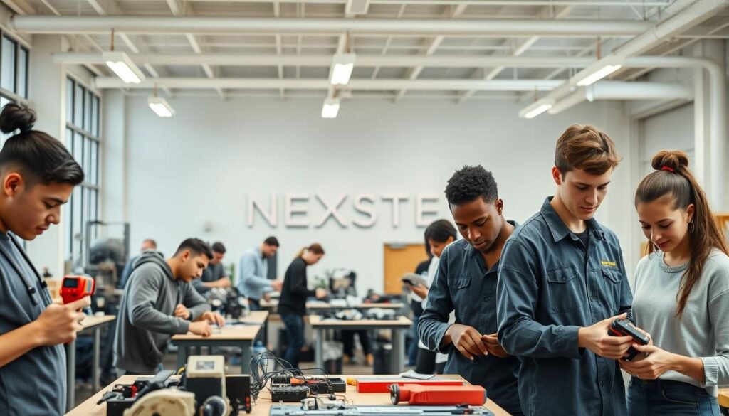 A well-lit, high-resolution image of a modern vocational skills training center. In the foreground, young adults engaged in hands-on practical learning, using tools and equipment specific to their chosen trades - carpentry, electronics, automotive repair, etc. The middle ground showcases various training stations and workshops, with instructors guiding the students. In the background, a clean, airy space with large windows, natural lighting, and the NEXTSTEP text logo prominently displayed. The overall atmosphere is one of focused learning, technical skill-building, and a sense of opportunity for the future.
