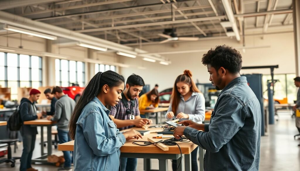 A well-lit, high-resolution image of a modern vocational training center, featuring a spacious and well-equipped workshop setting. In the foreground, a group of diverse students, ages 16-18, engaged in hands-on activities such as woodworking, electrical wiring, or automotive repair. The middle ground showcases various training stations and equipment, while the background depicts an expansive, airy space with large windows allowing natural light to flood the area. The overall atmosphere conveys a sense of productivity, skill-building, and future career opportunities, reflecting the benefits of vocational training for personal and professional growth.
