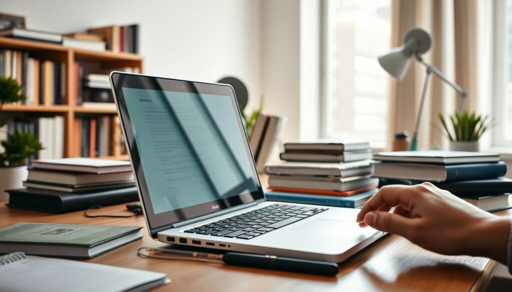 A well-lit home office setup with a laptop, books, and various digital devices on a wooden desk. In the foreground, a hand is using a laptop, while in the background, a bookshelf and other learning resources are visible. The lighting is soft and natural, creating a warm and productive atmosphere. The composition focuses on the seamless integration of physical and digital learning tools, conveying the idea of leveraging online resources for a comprehensive study experience.