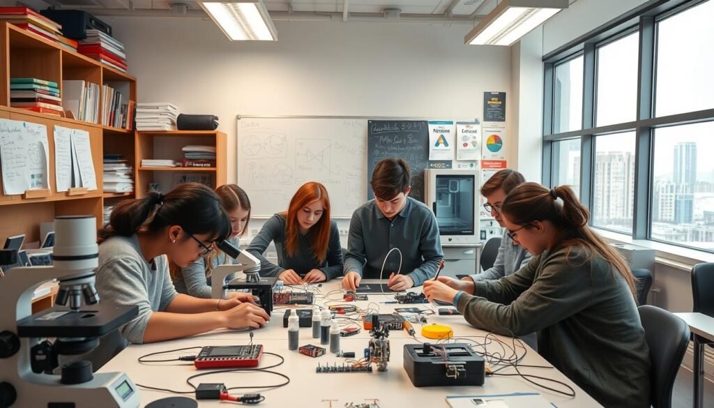 A well-lit laboratory workspace with various engineering equipment and tools, including a microscope, circuit boards, and a 3D printer. In the foreground, a group of students intently studying the components and conducting hands-on experiments. The middle ground showcases a chalkboard or whiteboard displaying technical diagrams and formulas related to the engineering subject being taught. The background features shelves of reference books, scientific posters, and a large window overlooking a cityscape, conveying a sense of intellectual inquiry and practical application. The overall atmosphere is one of focused learning, experimentation, and the importance of hands-on experience in mastering engineering concepts.
