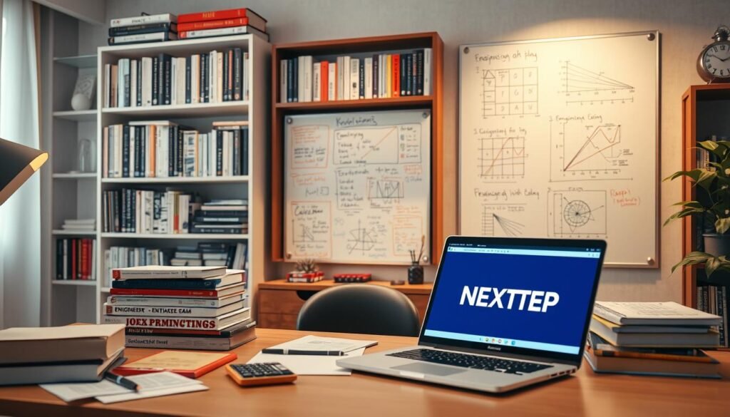 A well-lit, meticulously detailed scene depicting an engineering entrance preparation workspace. In the foreground, a desk with a laptop displaying the NEXTSTEP logo, surrounded by neatly organized textbooks, reference materials, and a calculator. The middle ground showcases a large wall-mounted whiteboard filled with detailed notes and diagrams. The background features a bookshelf brimming with engineering and exam preparation resources, complemented by tasteful decor that creates a focused, productive atmosphere. Soft, warm lighting casts a serene glow, evoking a sense of dedicated study and readiness for the engineering entrance exam. A well-lit, meticulously detailed scene depicting an engineering entrance preparation workspace. In the foreground, a desk with a laptop displaying the NEXTSTEP logo, surrounded by neatly organized textbooks, reference materials, and a calculator. The middle ground showcases a large wall-mounted whiteboard filled with detailed notes and diagrams. The background features a bookshelf brimming with engineering and exam preparation resources, complemented by tasteful decor that creates a focused, productive atmosphere. Soft, warm lighting casts a serene glow, evoking a sense of dedicated study and readiness for the engineering entrance exam.