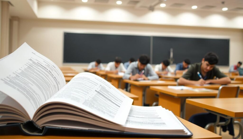 A well-lit, modern examination hall with rows of desks and chairs. In the foreground, an open engineering entrance mock test booklet, its pages crisp and organized. In the middle ground, a number of focused students scribbling away with pens, their brows furrowed in concentration. The background features a large blackboard or whiteboard, clean and uncluttered, conveying a sense of academic rigor. The lighting is warm and even, creating a sense of confidence and determination. The overall atmosphere is one of purpose and preparation, reflecting the crucial nature of these mock tests in building the skills and mindset needed for success in engineering entrance exams. A well-lit, modern examination hall with rows of desks and chairs. In the foreground, an open engineering entrance mock test booklet, its pages crisp and organized. In the middle ground, a number of focused students scribbling away with pens, their brows furrowed in concentration. The background features a large blackboard or whiteboard, clean and uncluttered, conveying a sense of academic rigor. The lighting is warm and even, creating a sense of confidence and determination. The overall atmosphere is one of purpose and preparation, reflecting the crucial nature of these mock tests in building the skills and mindset needed for success in engineering entrance exams.