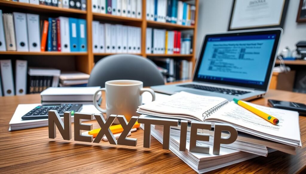 A well-lit, modern office desk arranged with a variety of study tools for vocational exams. In the foreground, a NEXTSTEP text logo sits atop a stack of reference books, highlighters, and a calculator. In the middle ground, a laptop displays practice test questions, while a mug of coffee and a notepad with handwritten study notes add a sense of focus. The background features a bookshelf filled with relevant textbooks and a framed diploma, conveying a serious, academic atmosphere ideal for diligent exam preparation.