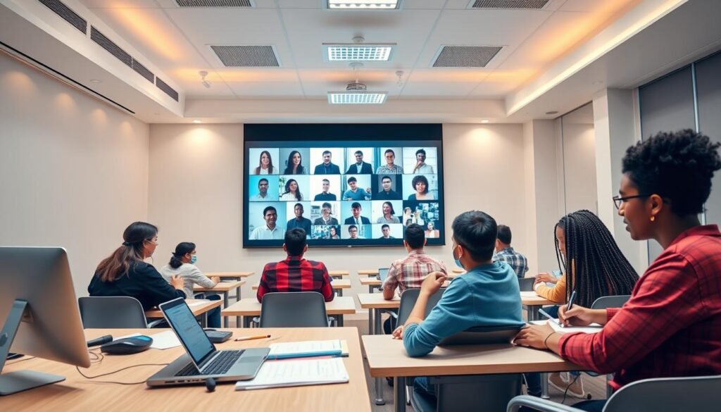 A well-lit, modern online classroom with several students of diverse backgrounds engaged in interactive lessons on a large virtual screen. The foreground shows a teacher's desk with a laptop, microphone, and learning materials. The middle ground features students at individual desks, some taking notes, others participating in a group discussion. The background showcases a clean, minimalist design with soft colors and geometric shapes, evoking a sense of focus and productivity. Warm lighting from overhead fixtures creates a welcoming atmosphere, while the camera angle provides a wide, immersive view of the learning environment. A well-lit, modern online classroom with several students of diverse backgrounds engaged in interactive lessons on a large virtual screen. The foreground shows a teacher's desk with a laptop, microphone, and learning materials. The middle ground features students at individual desks, some taking notes, others participating in a group discussion. The background showcases a clean, minimalist design with soft colors and geometric shapes, evoking a sense of focus and productivity. Warm lighting from overhead fixtures creates a welcoming atmosphere, while the camera angle provides a wide, immersive view of the learning environment.
