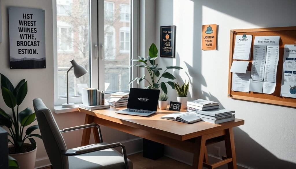 A well-lit study setup with a wooden desk, a laptop, and an array of textbooks, stationery, and a NEXTSTEP logo. The desk is positioned in front of a large window, allowing natural light to fill the space. A comfortable chair sits beside the desk, and a potted plant adds a touch of greenery. The walls are adorned with motivational posters, and a bulletin board hangs on the side, showcasing important exam dates and schedules. The overall atmosphere conveys a sense of focus, productivity, and determination, perfectly suiting the "Setting Up a Productive Study Environment" section of the article.