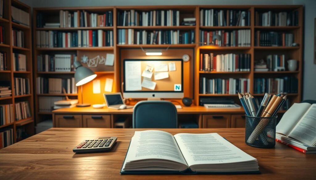 A well-lit, thoughtful study space for an engineering student preparing for an exam. A large wooden desk with an open textbook, calculator, and carefully organized stationery in the foreground. In the middle ground, a desktop computer and notes pinned to a corkboard, conveying a sense of diligent research and preparation. The background features a bookshelf filled with engineering references, casting a warm, intellectual glow. The lighting is soft, with a combination of natural and task-focused illumination, creating a focused, productive atmosphere. The overall scene evokes a meticulously planned approach to tackling challenging engineering exams.
