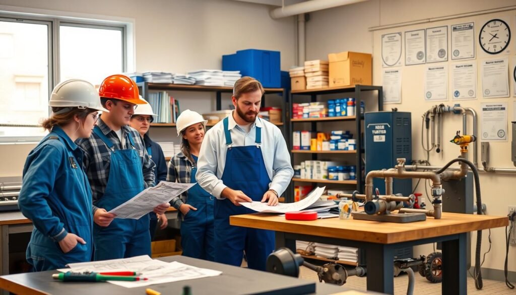 A well-lit vocational training classroom with a focus on plumbing courses. In the foreground, a group of students in blue overalls and hard hats intently studying plumbing diagrams and tools on a workbench. In the middle ground, an experienced instructor in a white lab coat demonstrating the proper techniques for installing and repairing pipes. The background features shelves stocked with plumbing supplies, reference books, and certifications on the walls, conveying the professional, hands-on nature of the coursework. Warm lighting and a sense of engaged learning create an atmosphere of practical, in-demand skills development.