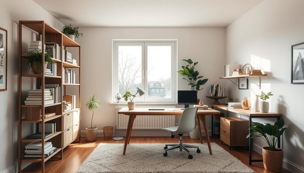A well-organized, clutter-free study area bathed in soft, natural lighting. Minimalist wooden desk and shelves, with carefully curated books, plants, and decorative accents. The space is airy and inviting, with a large window offering a serene outdoor view. Muted color palette of whites, grays, and natural wood tones creates a calming, focused atmosphere. Plush, neutral-toned rug and comfortable office chair complete the harmonious, productivity-enhancing scene. The overall impression is one of simplicity, organization, and a serene environment conducive to deep work and learning.