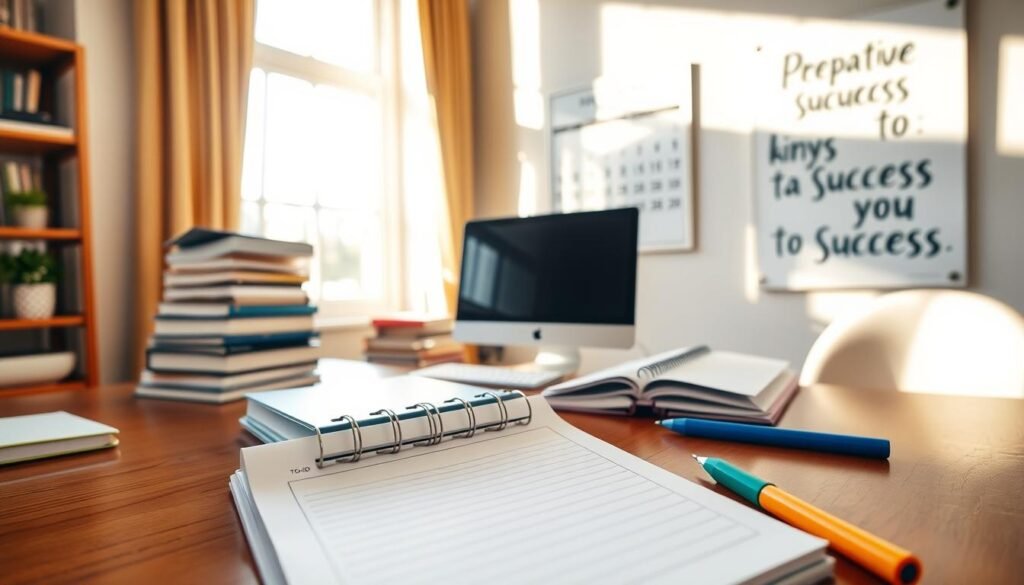 A well-organized study area with a desktop computer, a stack of textbooks, and a planner on a polished wooden desk. The room is bathed in warm, natural lighting from a large window, creating a serene and focused atmosphere. In the foreground, a carefully crafted to-do list and a set of color-coded stationery convey a sense of intentional time management. The middle ground features a large wall calendar highlighting important academic deadlines, while the background showcases a inspirational poster encouraging productivity and success. The overall scene exudes a sense of structure, organization, and a student's dedication to achieving their academic goals.