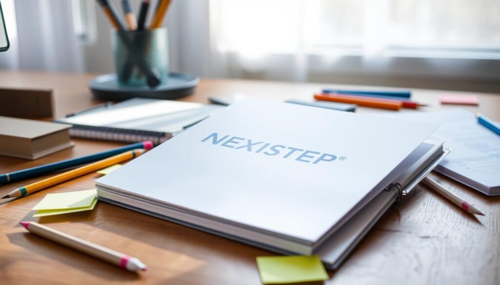 A well-organized study guide rests on a wooden desk, illuminated by soft natural light filtering through a nearby window. The guide's cover displays the NEXTSTEP logo in a clean, modern font, inviting the viewer to delve into its contents. Pencils, highlighters, and sticky notes surround the guide, suggesting a dedicated and methodical approach to preparation. The overall scene conveys a sense of focus, determination, and the quiet confidence that comes with thorough preparation for a vocational exam.