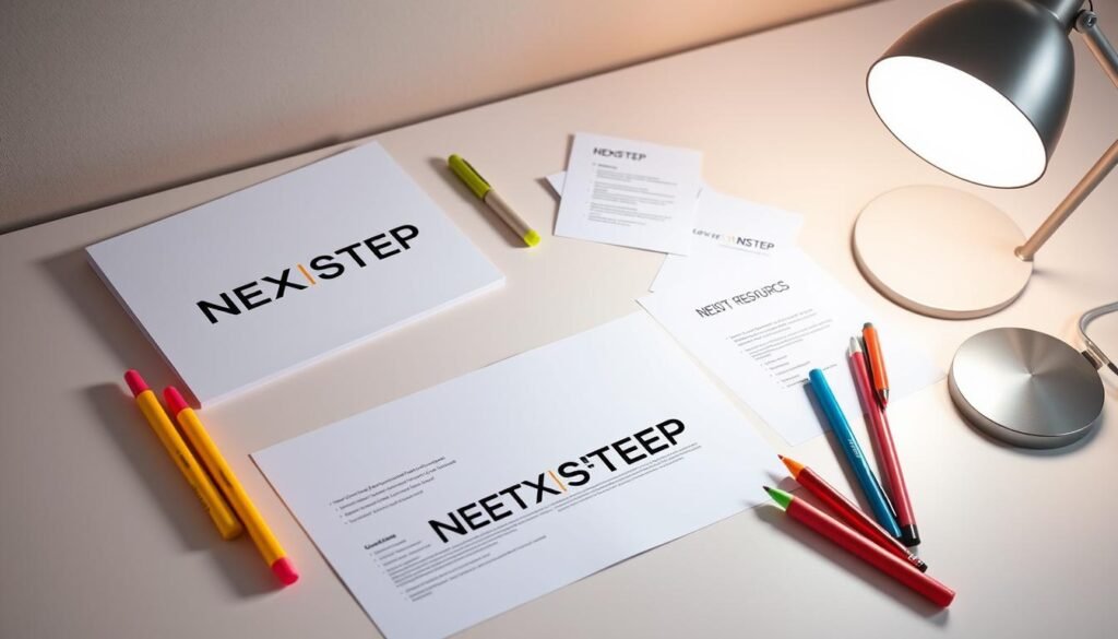 A workspace filled with digital technology notes, meticulously arranged on a sleek, minimalist desk. The notes feature a clean, sans-serif text logo that reads "NEXTSTEP" in bold, contrasting against a neutral background. Vibrant, jewel-toned highlighters and pens add pops of color, while a modern lamp casts a warm, focused glow on the desk. The overall scene conveys a sense of organization, productivity, and a dedication to computer studies, perfectly capturing the "Online Resources for Computer Studies" section of the article.