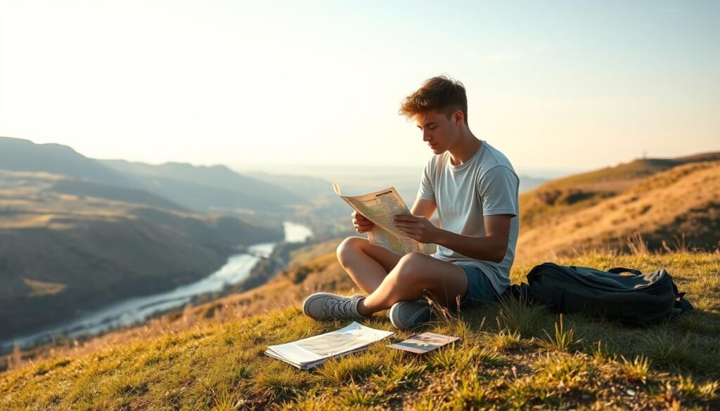 A young person sitting cross-legged on a grassy hill, surrounded by a picturesque landscape of rolling hills, a winding river, and a cloudless sky. They are intently studying a map, a backpack and travel guides nearby, contemplating their next adventure during a gap year after finishing higher secondary education. Soft, warm lighting illuminates the scene, creating a sense of wonder and possibility. The composition emphasizes the character's thoughtful introspection, capturing the excitement and uncertainty of planning a post-high school journey of self-discovery.