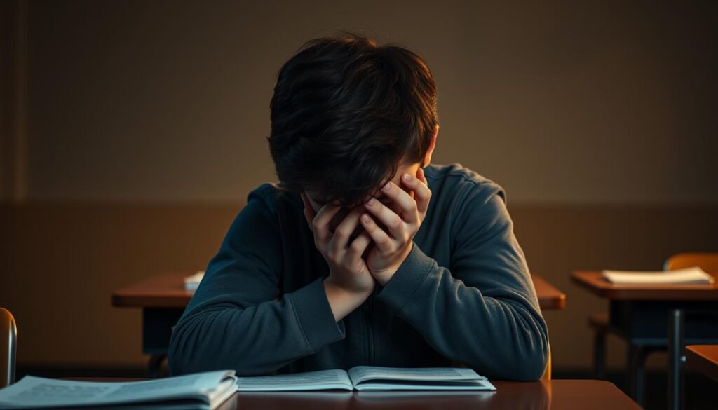 A young student sitting at a desk, their head buried in their hands, expression pained, conveying exam anxiety. The background is a dimly lit classroom, with the desk and chair in sharp focus, creating a sense of isolation and tension. Soft, warm lighting casts a gentle glow, heightening the emotional intensity. The student's posture is hunched, shoulders tense, evoking the weight of the impending exam. The scene is cinematic, with a shallow depth of field that draws the viewer's attention to the student's face, capturing the internal struggle and the overwhelming pressure of the moment. A young student sitting at a desk, their head buried in their hands, expression pained, conveying exam anxiety. The background is a dimly lit classroom, with the desk and chair in sharp focus, creating a sense of isolation and tension. Soft, warm lighting casts a gentle glow, heightening the emotional intensity. The student's posture is hunched, shoulders tense, evoking the weight of the impending exam. The scene is cinematic, with a shallow depth of field that draws the viewer's attention to the student's face, capturing the internal struggle and the overwhelming pressure of the moment.