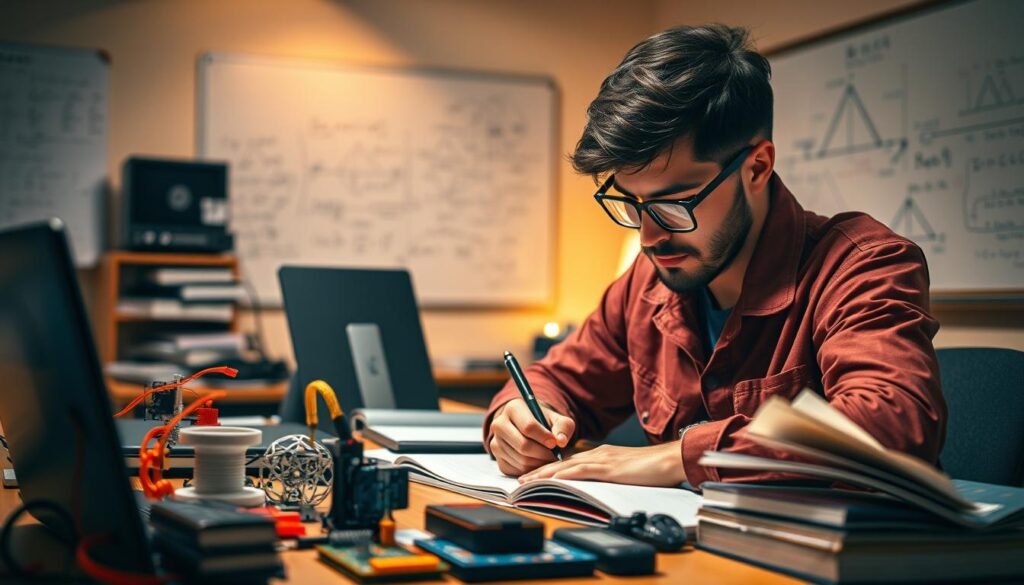 An engineering student engrossed in active learning, surrounded by textbooks, laptops, and hands-on learning materials. Warm lighting illuminates the scene, creating a cozy and focused atmosphere. In the foreground, the student intently scribbles notes, deep in thought. The middle ground features 3D-printed models, circuit boards, and other technical gadgets, emphasizing the practical nature of the learning process. The background showcases a whiteboard filled with equations and diagrams, hinting at the intellectual rigor of engineering studies. The overall composition conveys a sense of dynamic, engaged learning, where the student is an active participant in their educational journey.