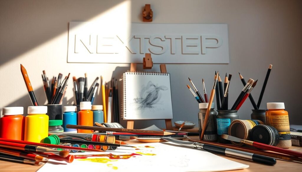 An expressive still life composition depicting various visual arts tools and materials. In the foreground, a vibrant array of oil paints, brushes, and a palette knife are arranged in a dynamic composition. The middle ground features a sketchbook, charcoal pencils, and an easel with a partially completed painting. In the background, a NEXTSTEP text logo hangs on the wall, casting a warm, natural light over the scene. The overall mood is one of artistic inspiration and creativity, inviting the viewer to engage with the tools and materials of the visual arts.