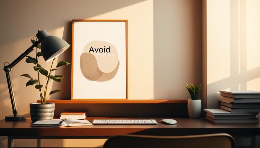 An inspirational workspace with a minimalist desk, a plant, and a motivational poster that reads "Avoid Procrastination". The lighting is warm and natural, casting a soft glow on the scene. The poster features a simple, abstract design in muted tones, emphasizing the message without distracting. The desk is neat and organized, symbolizing productivity and focus. The plant adds a touch of life and freshness, encouraging a sense of growth and progress. The overall atmosphere is calming yet energizing, perfect for a student seeking to overcome procrastination and improve their time management.