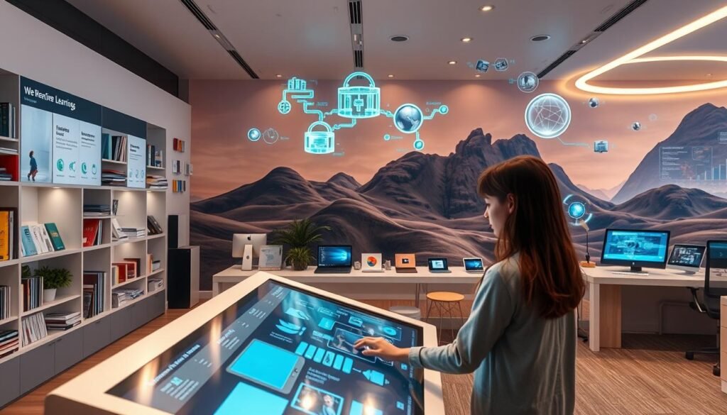 An interactive computer learning environment with a clean, modern interface. In the foreground, a user interacts with a touchscreen display, exploring interactive tutorials and simulations. The middle ground features a collection of digital learning resources, including textbooks, videos, and online courses. In the background, a tech-infused landscape with holographic displays, floating data visualizations, and a subtle glow from energy-efficient lighting. The overall atmosphere conveys a sense of engaging, hands-on exploration and discovery, empowering users to expand their computer studies knowledge.