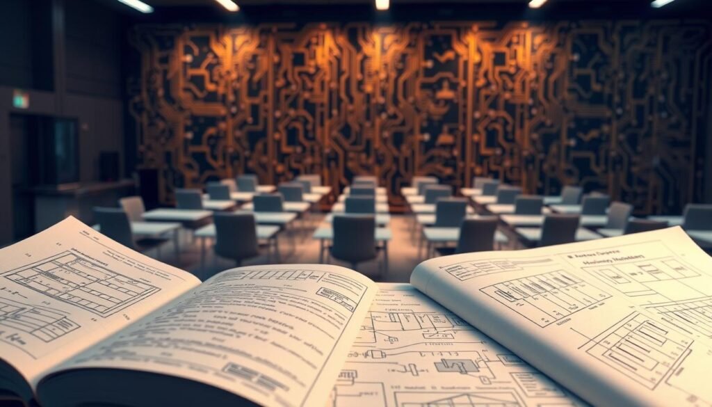 An intricate blueprint of engineering courses unfolds, showcasing a dynamic interplay of specialized subjects. In the foreground, a group of diligently sketched textbooks and technical manuals, their pages brimming with equations and diagrams. The middle ground features a sleek, futuristic classroom, its metallic desks and chairs arranged in a precise grid, hinting at the rigor and discipline inherent in these disciplines. In the background, a towering wall of circuit boards and microchips, illuminated by a warm, ambient glow, symbolizing the cutting-edge technology that underpins the field of engineering. The overall scene exudes a sense of intellectual challenge and analytical precision, reflecting the demands of navigating the most formidable engineering subjects.