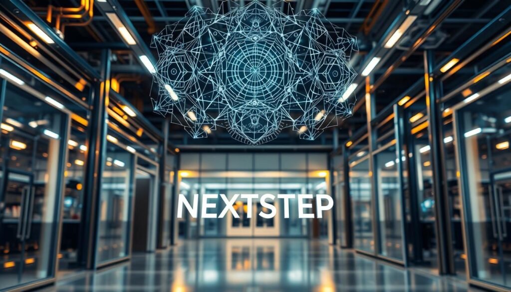 An intricate holographic display floats above a sleek, futuristic engineering laboratory. Gleaming steel and glass structures form the backdrop, illuminated by warm, focused lighting. In the foreground, a text logo for "NEXTSTEP" hovers, its letters crisp and vibrant. The scene conveys a sense of advanced education, cutting-edge technology, and the endless possibilities awaiting engineers who pursue further study and innovation.