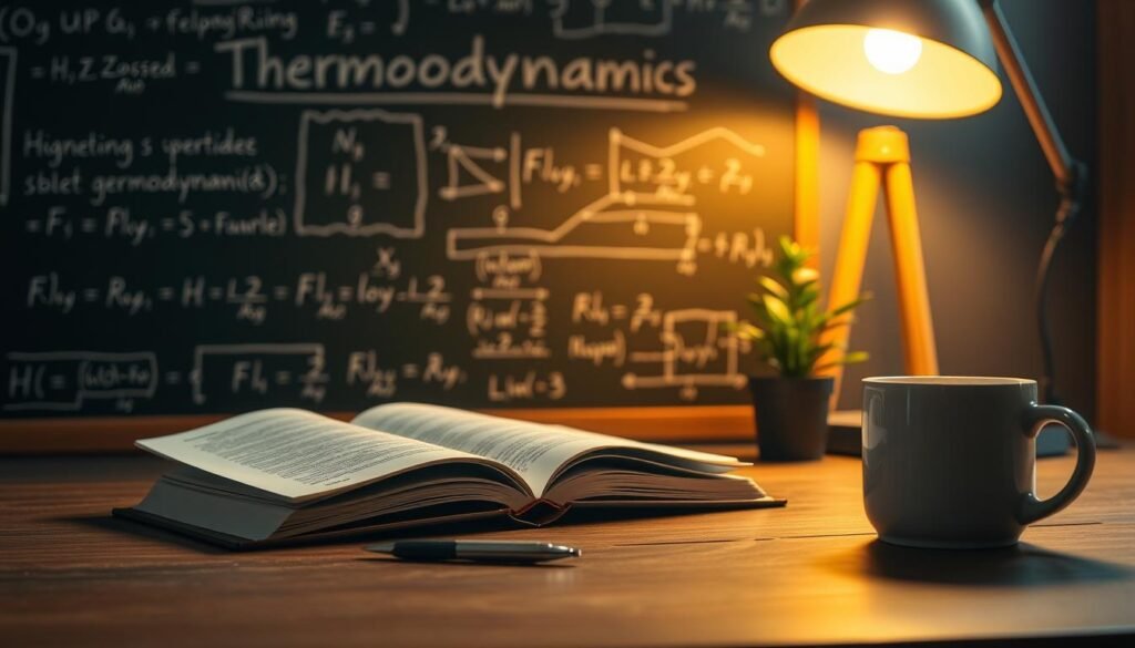 An office desk with an open textbook, a pen, and a mug of coffee, illuminated by a warm desk lamp. In the background, a chalkboard with equations and thermodynamics formulas, representing the academic nature of the subject. The scene conveys a focused, studious atmosphere, encouraging the viewer to engage with the complexities of thermodynamics. The lighting is soft and inviting, creating a sense of calm concentration. A small potted plant on the desk adds a touch of life, symbolizing the growth and learning that can come from tackling this challenging engineering discipline.