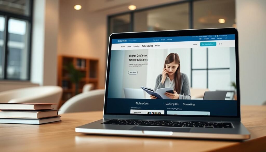 An online higher secondary result guidance website displayed on a laptop screen, with a student studying intently. The foreground shows the website interface featuring study options, career paths, and counseling services. The middle ground depicts the student in a focused, contemplative pose, surrounded by study materials. The background showcases a serene, modern office setting with minimal distractions, emphasizing the seriousness of the endeavor. Soft, warm lighting illuminates the scene, creating a sense of calm and productivity. The overall atmosphere conveys the idea of alternative learning formats providing valuable guidance and support for students navigating the post-secondary landscape.