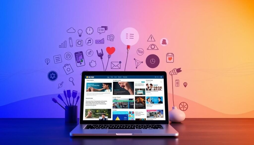 Blogs for Computer Science: A vibrant digital landscape showcasing a diverse array of tech-savvy content. In the foreground, a sleek laptop displays a curated selection of blog posts, their titles and images conveying the breadth of topics - from cutting-edge programming languages to the latest advancements in artificial intelligence. Surrounding the device, a tasteful arrangement of stylized icons, code snippets, and other computer science-themed elements create a visually engaging and informative composition. The middle ground features a subtle grid of blog thumbnails, hinting at the wealth of resources available to the discerning computer enthusiast. In the background, a minimalist backdrop of clean lines and soft gradients sets the tone for a sophisticated, technology-driven atmosphere.