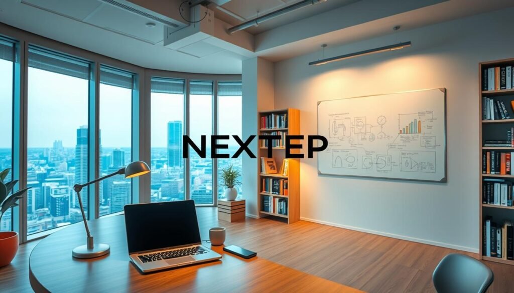 Collaborative Engineering Resources - a serene workspace with a sleek, minimalist aesthetic. In the foreground, a curved, wooden desk hosts a laptop, mechanical keyboard, and a stylish desk lamp, casting a warm glow. Midground showcases bookcases filled with technical manuals and engineering textbooks, complemented by a large whiteboard displaying diagrams and sketches. The background features floor-to-ceiling windows, allowing natural light to flood the space and providing a panoramic view of a bustling cityscape. A low-hanging pendant light fixture adds a touch of modern sophistication. Amidst this productive environment, the NEXTSTEP logo subtly adorns the wall, representing the cutting-edge resources available to collaborative engineering teams.