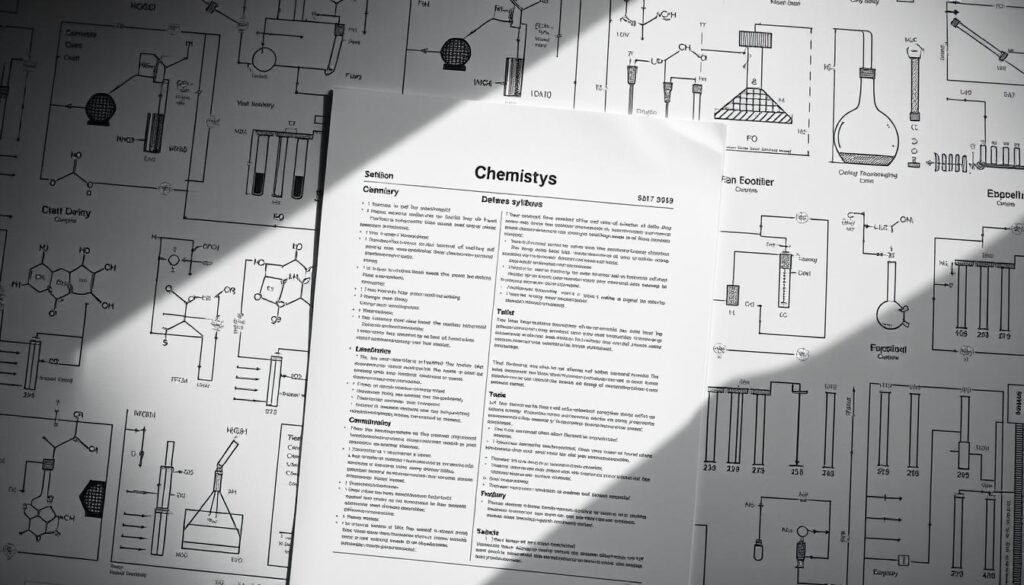 Detailed chemistry syllabus against a backdrop of technical engineering diagrams and formulas. Centered on the page, the syllabus appears as a crisp, well-organized document with clear section headings and bullet points. The diagrams surrounding it depict chemical structures, laboratory equipment, and mathematical equations, all rendered in a technical, blueprint-like style with muted colors. Soft lighting from the side casts shadows that add depth and dimension to the composition. The overall mood is one of academic rigor and intellectual pursuit, conveying the serious nature of the chemistry subject within the engineering entrance exam. Detailed chemistry syllabus against a backdrop of technical engineering diagrams and formulas. Centered on the page, the syllabus appears as a crisp, well-organized document with clear section headings and bullet points. The diagrams surrounding it depict chemical structures, laboratory equipment, and mathematical equations, all rendered in a technical, blueprint-like style with muted colors. Soft lighting from the side casts shadows that add depth and dimension to the composition. The overall mood is one of academic rigor and intellectual pursuit, conveying the serious nature of the chemistry subject within the engineering entrance exam.