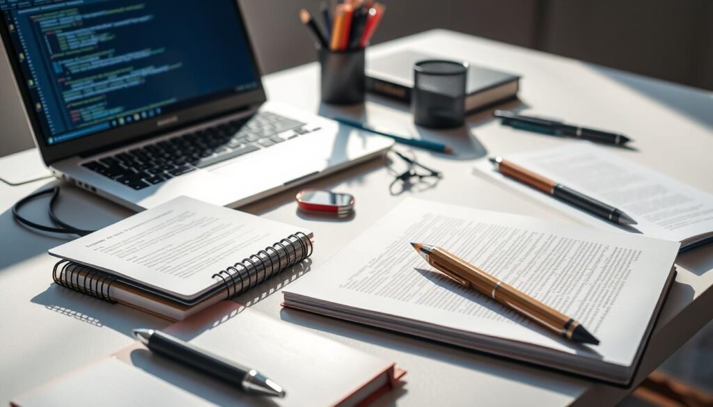 Detailed coding resources laid out on a minimalist desk, including a laptop, books, and various stationery. The scene is brightly lit from the side, casting soft shadows and highlighting the textured surfaces. The composition places the learning materials in the foreground, inviting the viewer to explore the beginner-friendly tools. The background is blurred, keeping the focus on the central elements. The overall mood is one of organized productivity and accessible education, inspiring the viewer to dive into their coding journey.