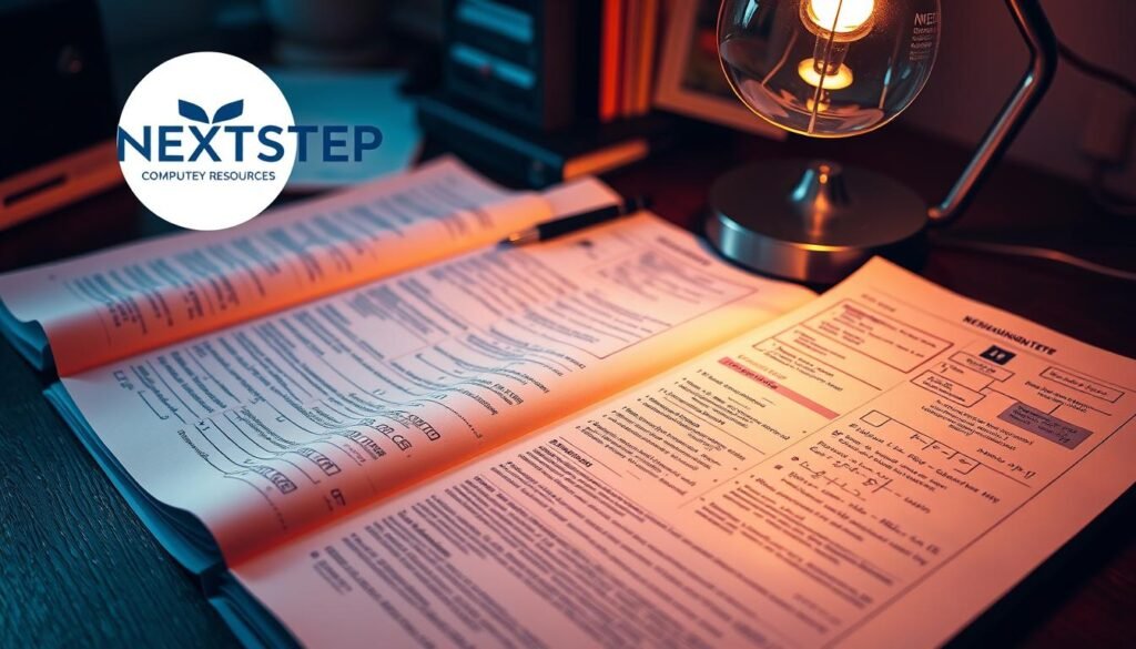 Detailed computer engineering notes laid out on a dark wooden desk, illuminated by a warm desk lamp. The pages are filled with hand-written formulas, diagrams, and annotated code snippets. A NEXTSTEP logo sits prominently in the top left corner, reflecting the high-quality academic resources. The composition features a shallow depth of field, focusing the viewer's attention on the intricately organized notes, with the background softly blurred. The overall scene conveys a studious, focused atmosphere conducive to academic success.
