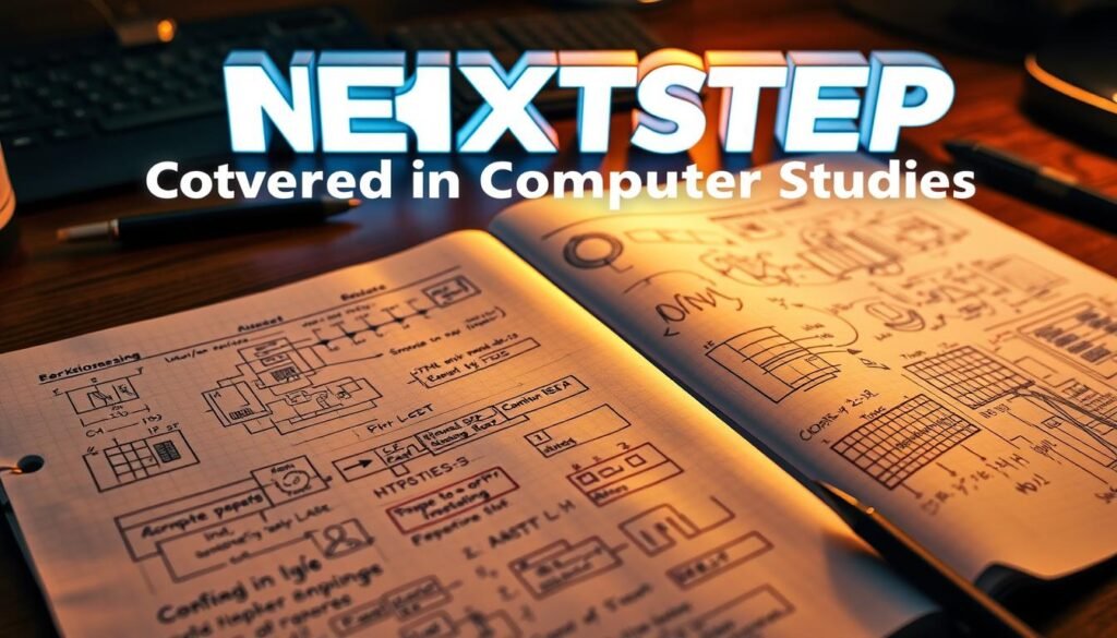Detailed computer engineering notes on a wooden desk, illuminated by a warm, directional light source. The pages display intricate diagrams, formulas, and sketches, reflecting the technical complexity of the subject matter. In the background, a NEXTSTEP text logo stands out, hinting at the educational context. The overall scene conveys a sense of academic rigor and dedication, perfectly suited to illustrate the "Essential Topics Covered in Computer Studies" section of the article.
