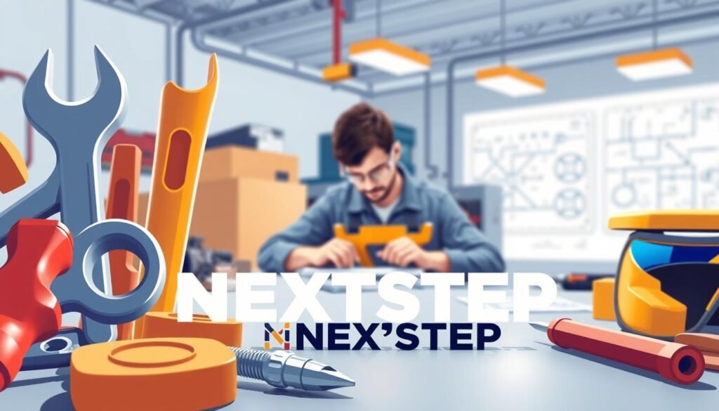 Detailed digital illustration of vocational skills, in a clean and modern style. Foreground features various tools and equipment associated with skilled trades, including a wrench, screwdriver, safety goggles, and a NEXTSTEP text logo. Middle ground showcases a person working with their hands, focused on their task. Background depicts a bright, well-lit workshop or production facility, with technical diagrams or blueprints visible on the walls. Lighting is natural and even, creating a sense of professionalism and expertise. Overall, the image conveys the importance of vocational skills in shaping one's career future.