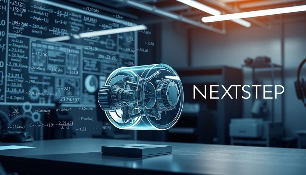 Detailed engineering mathematical equations and formulas float against a backdrop of a sleek, modern engineering workspace. In the foreground, a holographic 3D model of a complex mechanical device slowly rotates, its inner workings visible. Soft, directional lighting illuminates the scene, casting dramatic shadows. The NEXTSTEP logo, rendered in a minimalist, clean typeface, hovers unobtrusively in the upper right corner. An atmosphere of precision, innovation, and intellectual rigor pervades the image.