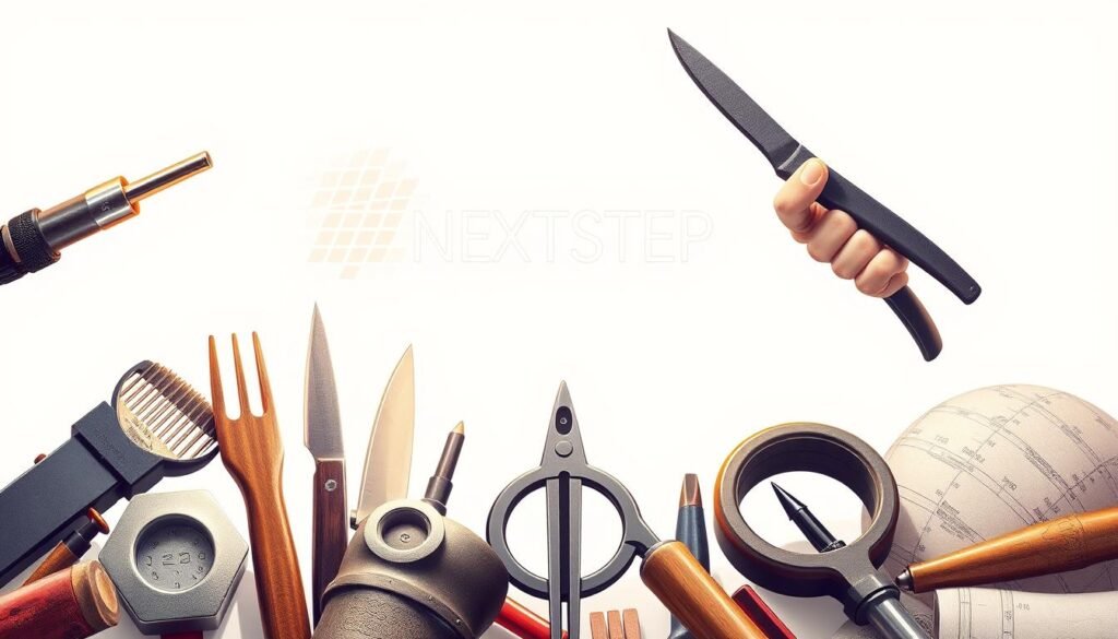 Detailed illustration of vocational skills, set against a clean, well-lit background. In the foreground, various tools and equipment associated with diverse trades - a welder's torch, a chef's knife, an architect's drafting compass. In the middle ground, hands skillfully using these tools, conveying a sense of mastery and craftsmanship. In the background, a minimalist text logo for "NEXTSTEP" hovers, suggesting the path forward for career development through vocational training. Warm, focused lighting creates depth and highlights the textures of the materials. The overall mood is one of empowerment, professionalism, and the promise of a fulfilling vocational future.