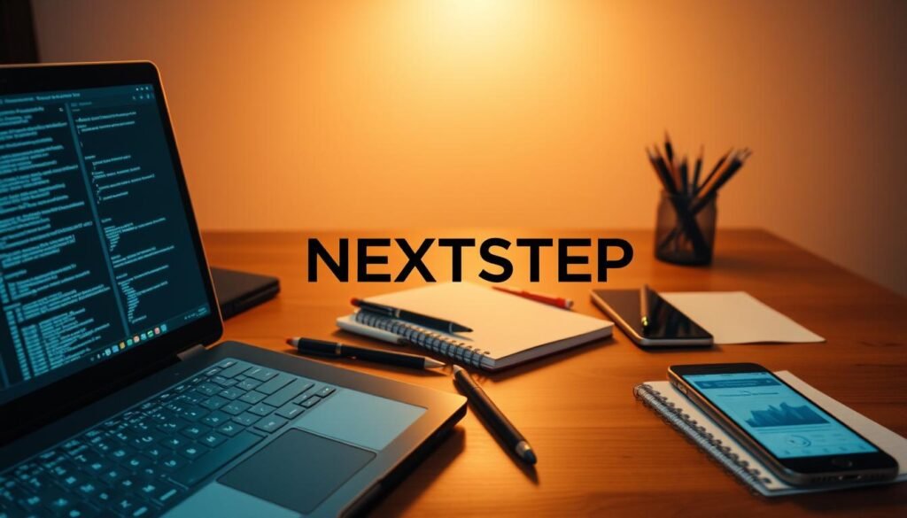 Detailed technical notes on a wooden desk, illuminated by warm overhead lighting. The foreground features an array of digital devices - a laptop, a tablet, and a smartphone - displaying lines of code and complex diagrams. In the middle ground, a text logo reads "NEXTSTEP" in bold lettering, surrounded by various stationery items like pens, pencils, and a notebook. The background showcases a minimalist, clutter-free workspace, with subtle shadows and a sense of depth, creating a professional, focused atmosphere.