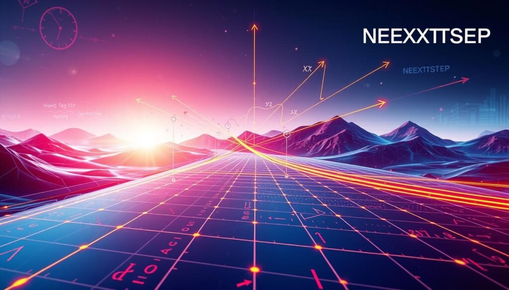 Detailed vector field diagram depicting the fundamentals of vector calculus. Intricate 3D grid with streamlines, arrows, and complex mathematical symbols floating amidst a sleek, high-tech landscape. The NEXTSTEP logo subtly integrated into the background, emphasizing the subject's technical nature. Vibrant colors, dramatic lighting, and a sense of depth create a visually striking illustration that captures the essence of vector calculus.
