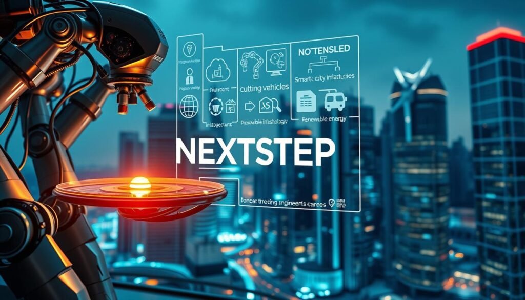 Emerging engineering careers, a futuristic landscape of innovation. Sleek robotic arms, gleaming mechanical parts, and a text logo "NEXTSTEP" hovering in the foreground, illuminated by a warm, incandescent light. In the middle ground, a holographic display showcases cutting-edge technologies - autonomous vehicles, smart city infrastructure, and renewable energy solutions. The background fades into a cityscape of towering skyscrapers, their glass facades reflecting the vibrant, ever-evolving world of engineering. A sense of wonder, progress, and limitless potential permeates the scene, capturing the essence of India's emerging engineering careers.