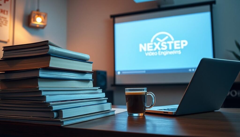 Engineering Study Material - A stack of textbooks, a laptop, and a cup of coffee sit on a wooden desk, illuminated by a warm overhead light. In the background, a projector screen displays a video lecture with the NEXTSTEP logo. The scene conveys a focused, productive atmosphere for video-based engineering education.