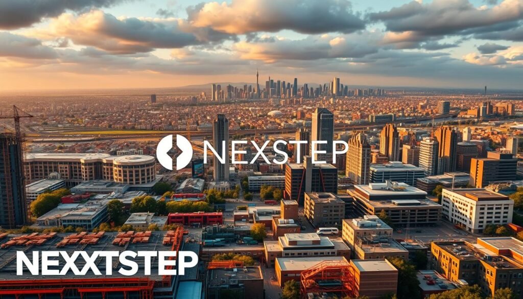 Expansive cityscape with a vibrant tapestry of vocational job opportunities, showcasing a diverse range of professions. In the foreground, a bustling construction site with skilled tradespeople at work, surrounded by the NEXTSTEP logo. In the middle ground, a hospital with medical professionals, a factory with engineers and technicians, and a culinary institute with aspiring chefs. The background features a sprawling skyline, highlighting the regional economic diversity and the breadth of vocational pathways available. Warm, diffused lighting casts a dynamic glow, capturing the energy and potential of this thriving vocational landscape. Expansive cityscape with a vibrant tapestry of vocational job opportunities, showcasing a diverse range of professions. In the foreground, a bustling construction site with skilled tradespeople at work, surrounded by the NEXTSTEP logo. In the middle ground, a hospital with medical professionals, a factory with engineers and technicians, and a culinary institute with aspiring chefs. The background features a sprawling skyline, highlighting the regional economic diversity and the breadth of vocational pathways available. Warm, diffused lighting casts a dynamic glow, capturing the energy and potential of this thriving vocational landscape.