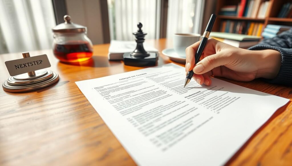 Formal academic setting, bright natural lighting, wide-angle lens. Madhyamik English composition exam paper on a wooden desk, alongside a NEXTSTEP text logo, a fountain pen, and a cup of tea. The exam paper displays carefully written text, with an attentive student's hand poised to write. Atmosphere of focused concentration and precision, conveying the importance of using appropriate formal language for this academic context.
