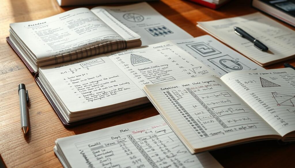 High-quality, detailed notebook pages with neat handwritten notes and diagrams covering a range of subjects, such as mathematics, physics, chemistry, and biology, arranged neatly on a wooden desk under warm, natural lighting. The pages feature a mix of text, formulas, and sketches, conveying the depth and breadth of higher secondary-level academic content. The overall atmosphere is one of focused study and intellectual engagement, reflecting the importance of comprehensive notes for higher secondary students.