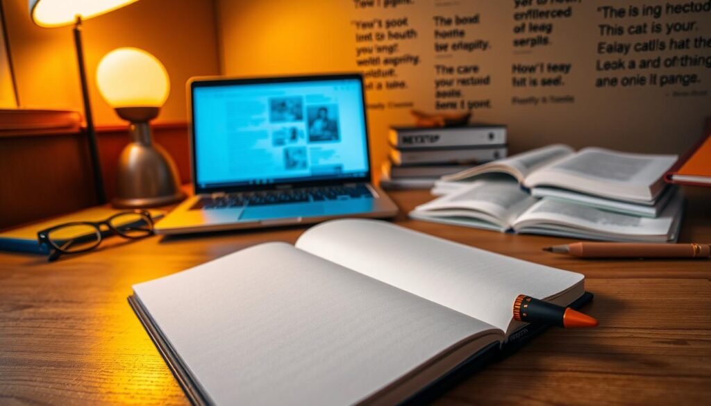 Imagine a cozy study nook, warm lighting casting a golden glow over a wooden desk. In the foreground, an open journal and a NEXTSTEP logo-embossed pen rest on crisp white paper, ready to capture ideas. Beside them, a laptop screen displays research materials, its soft blue light complementing the scene. In the middle ground, a stack of reference books and a pair of reading glasses hint at the diligent process of gathering information. The background reveals a wall adorned with inspiring quotes, fostering an atmosphere of intellectual curiosity and scholarly pursuit.